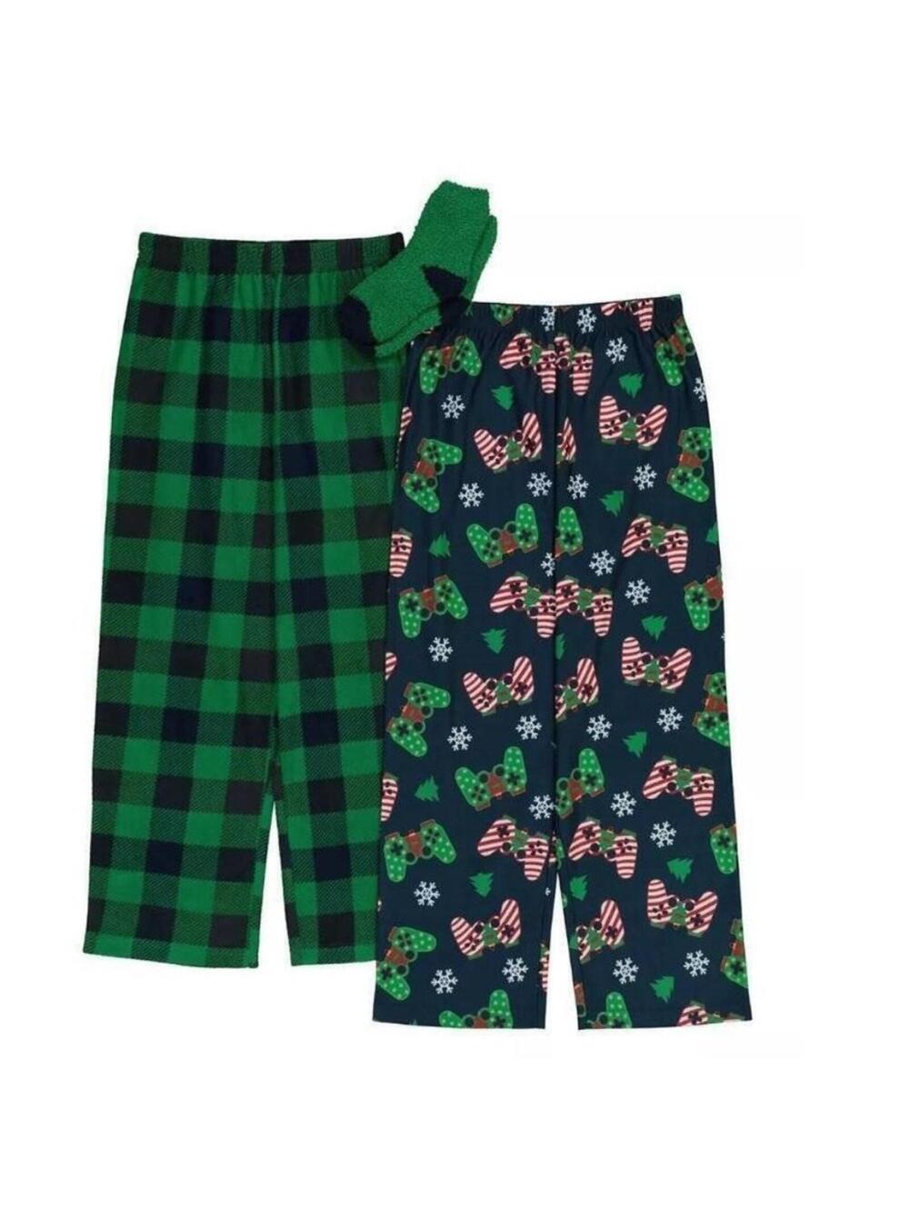 Boys Christmas Pajamas Gaming 6/8 Green Blue Lounge Pants & Socks 3 Pc